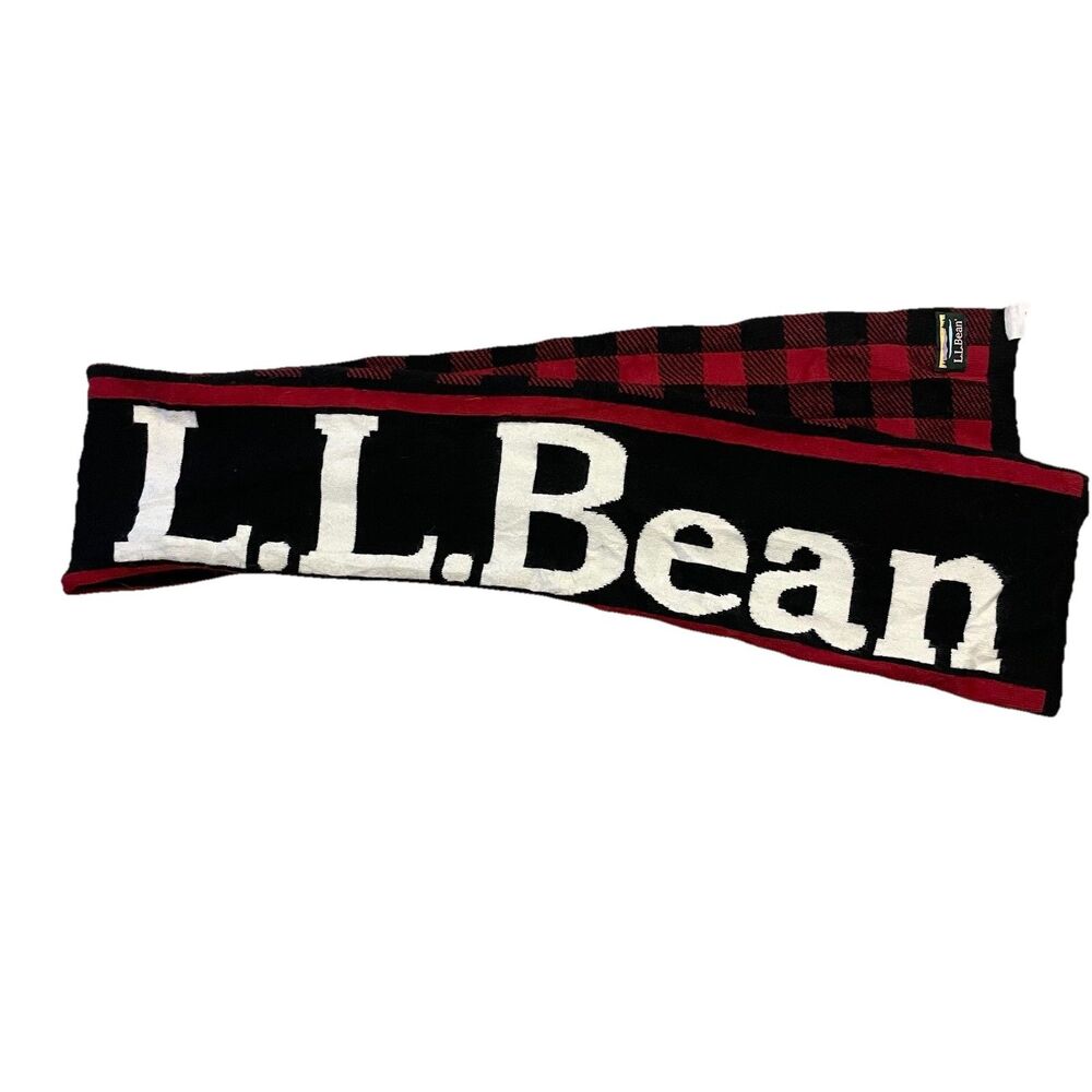 L.L. BEAN Logo Print Reversible Buffalo Plaid Winter Scarf Red/Black/White